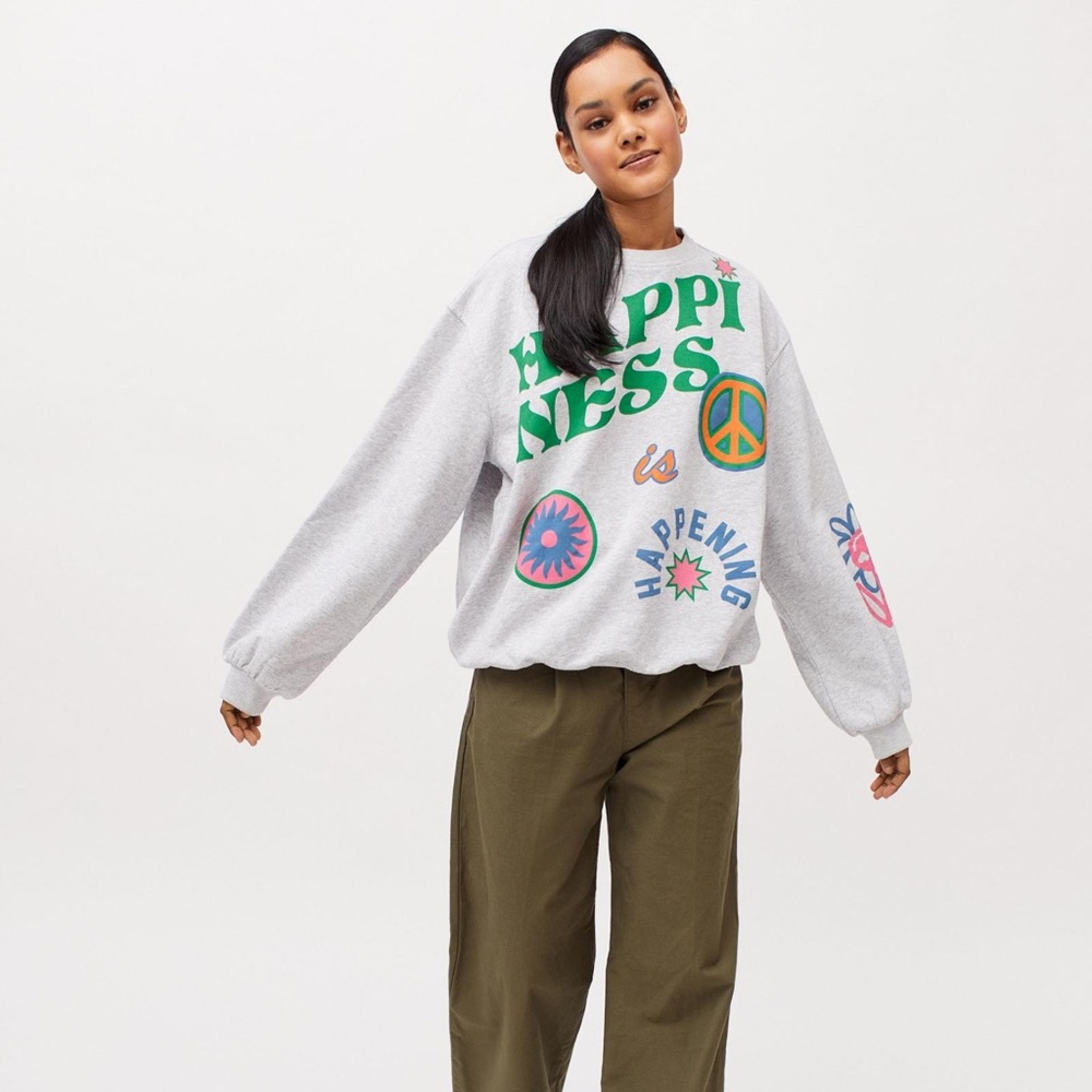 UO Happiness Puff Paint Crew Neck Sweatshirt